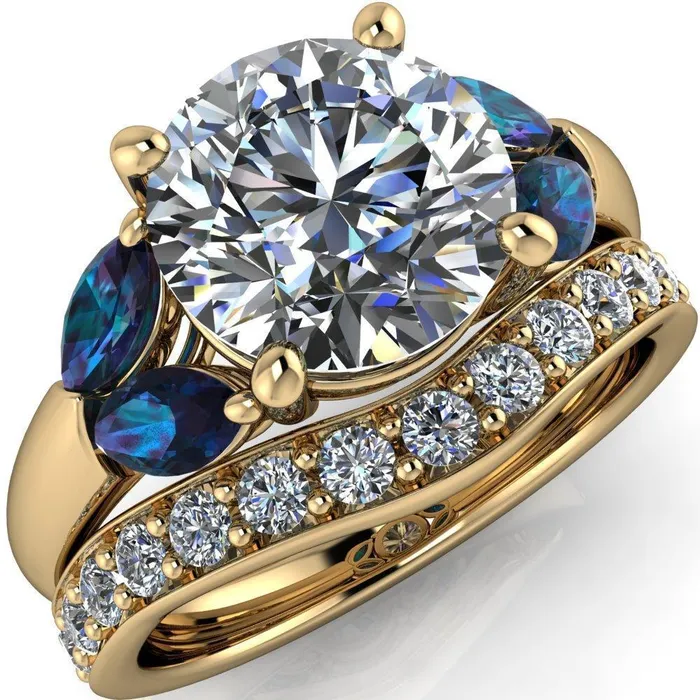 Fire Brilliance Rings Adrenne Round Center Stone 4 Prong Double Alexandrite Marquise Side Ring Fire Brilliance Rings Adrenne Round Center Stone 4 Prong Double Alexandrite Marquise Side Ring