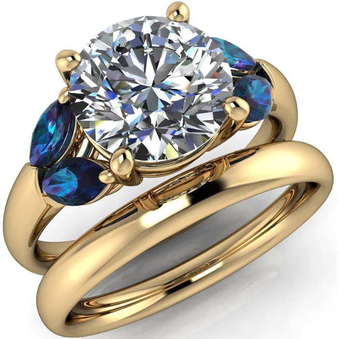 Fire Brilliance Rings Adrenne Round Center Stone 4 Prong Double Alexandrite Marquise Side Ring