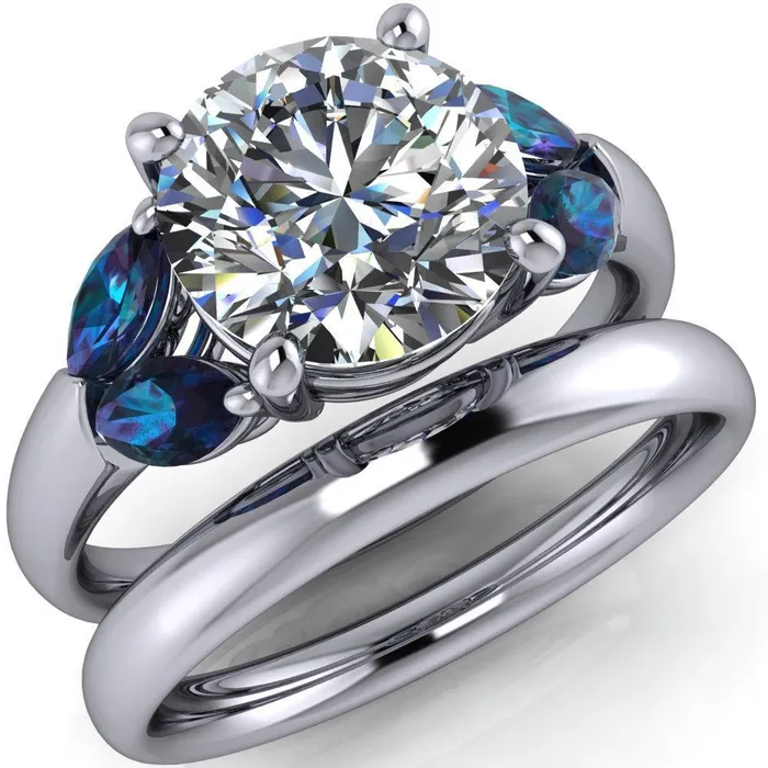 Fire Brilliance Rings Adrenne Round Center Stone 4 Prong Double Alexandrite Marquise Side Ring