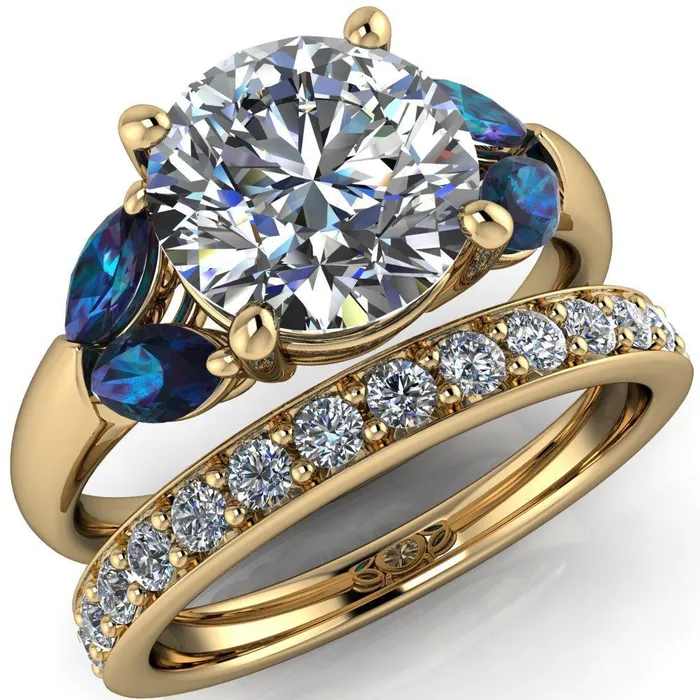 Fire Brilliance Rings Adrenne Round Center Stone 4 Prong Double Alexandrite Marquise Side Ring