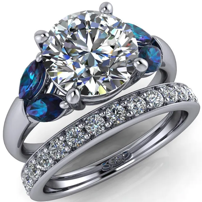 Fire Brilliance Rings Adrenne Round Center Stone 4 Prong Double Alexandrite Marquise Side Ring