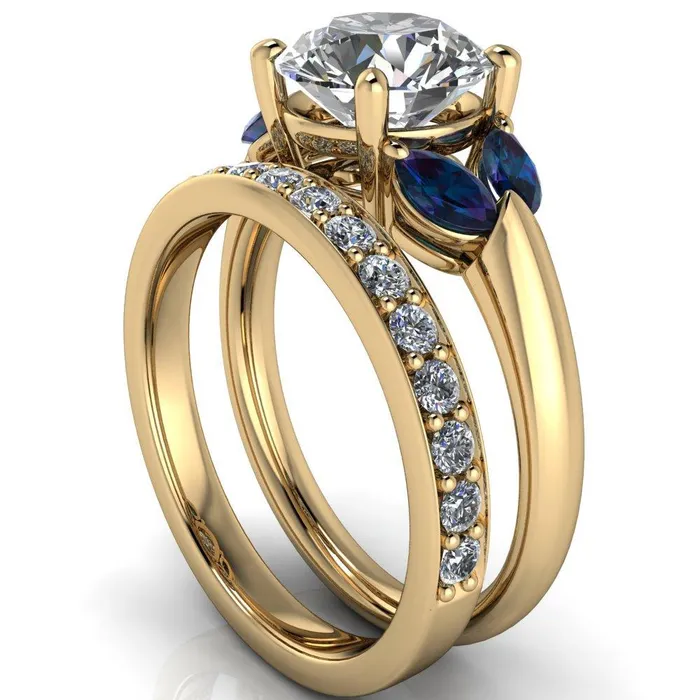 Fire Brilliance Rings Adrenne Round Center Stone 4 Prong Double Alexandrite Marquise Side Ring