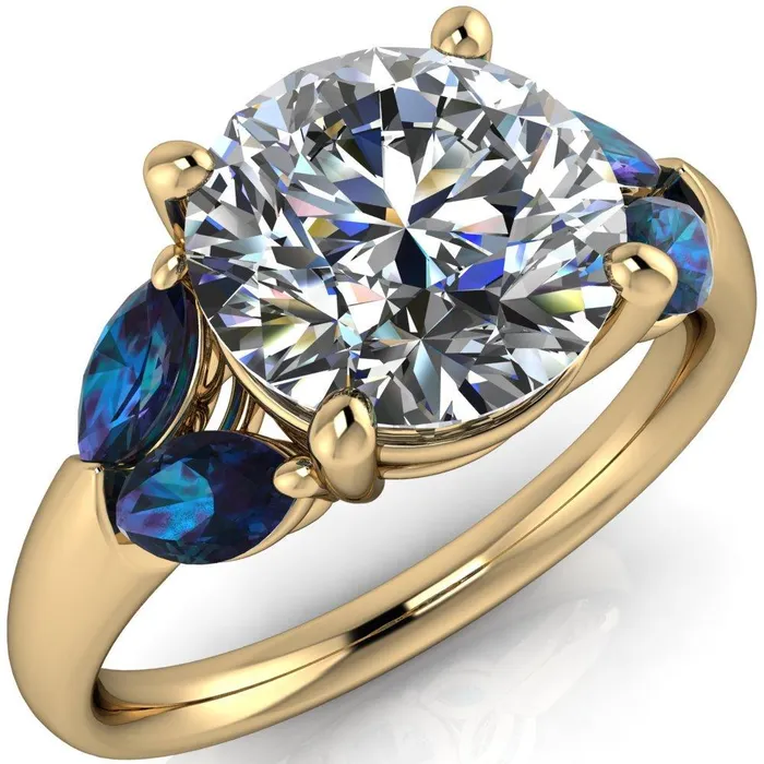 Fire Brilliance Rings Adrenne Round Center Stone 4 Prong Double Alexandrite Marquise Side Ring