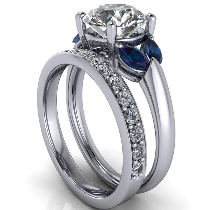 Fire Brilliance Rings Adrenne Round Center Stone 4 Prong Double Alexandrite Marquise Side Ring