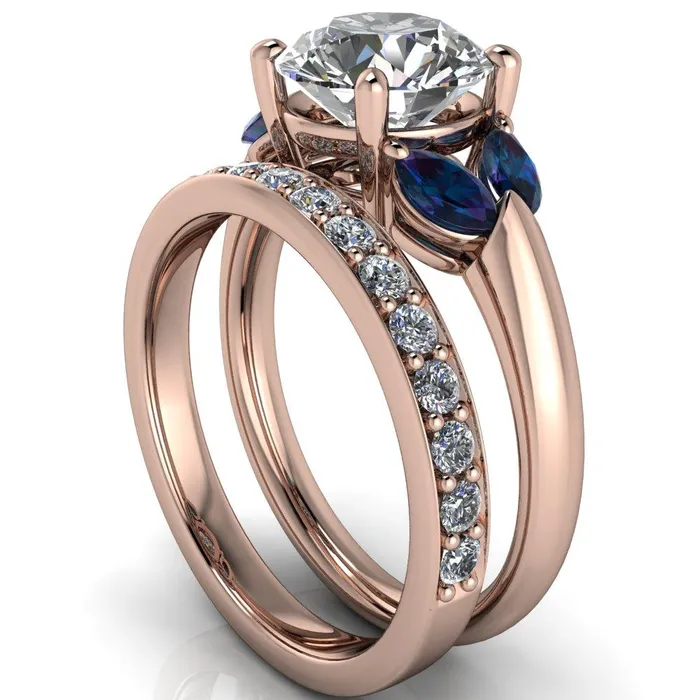 Fire Brilliance Rings Adrenne Round Center Stone 4 Prong Double Alexandrite Marquise Side Ring