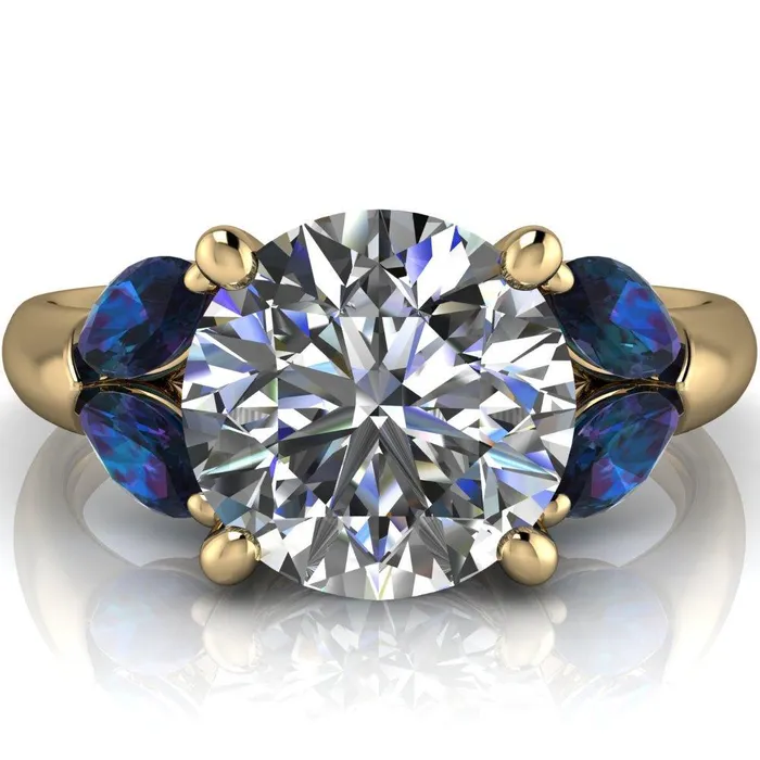 Fire Brilliance Rings Adrenne Round Center Stone 4 Prong Double Alexandrite Marquise Side Ring