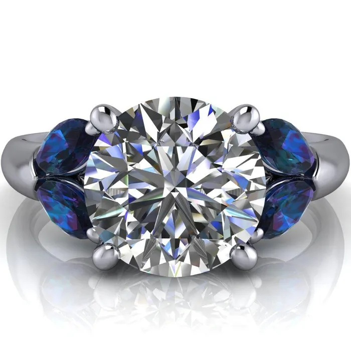Fire Brilliance Rings Adrenne Round Center Stone 4 Prong Double Alexandrite Marquise Side Ring
