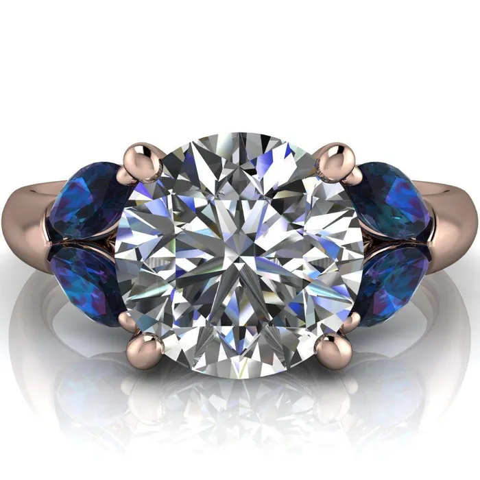 Fire Brilliance Rings Adrenne Round Center Stone 4 Prong Double Alexandrite Marquise Side Ring