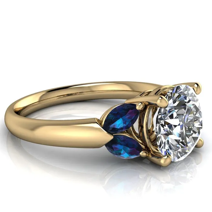Fire Brilliance Rings Adrenne Round Center Stone 4 Prong Double Alexandrite Marquise Side Ring