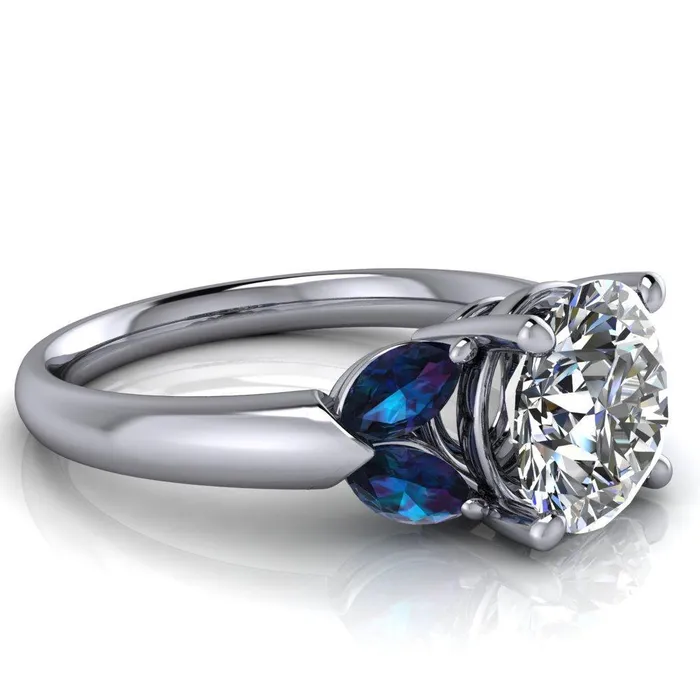 Fire Brilliance Rings Adrenne Round Center Stone 4 Prong Double Alexandrite Marquise Side Ring