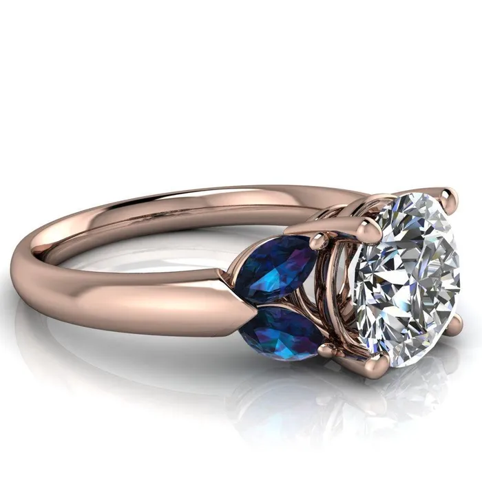 Fire Brilliance Rings Adrenne Round Center Stone 4 Prong Double Alexandrite Marquise Side Ring