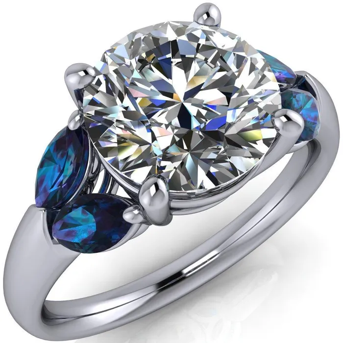 Fire Brilliance Rings Adrenne Round Center Stone 4 Prong Double Alexandrite Marquise Side Ring