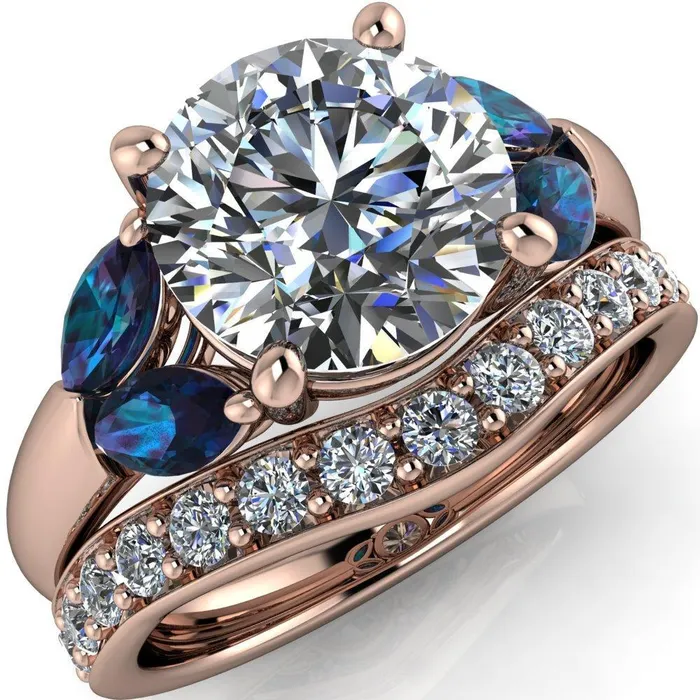 Fire Brilliance Rings Adrenne Round Center Stone 4 Prong Double Alexandrite Marquise Side Ring