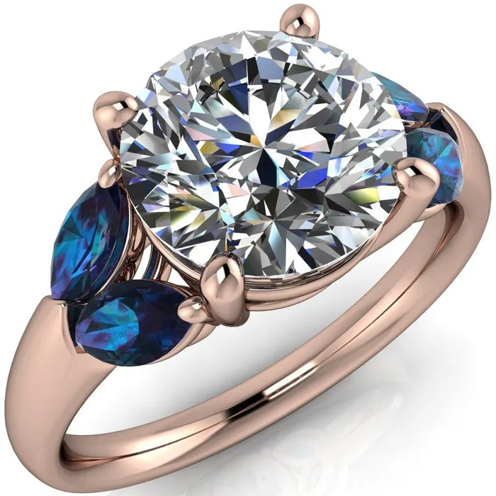 Fire Brilliance Rings Adrenne Round Center Stone 4 Prong Double Alexandrite Marquise Side Ring