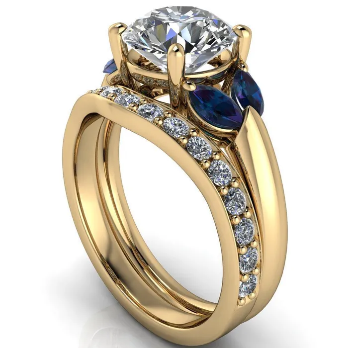 Fire Brilliance Rings Adrenne Round Center Stone 4 Prong Double Alexandrite Marquise Side Ring