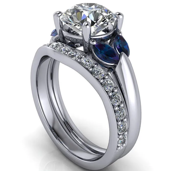 Fire Brilliance Rings Adrenne Round Center Stone 4 Prong Double Alexandrite Marquise Side Ring