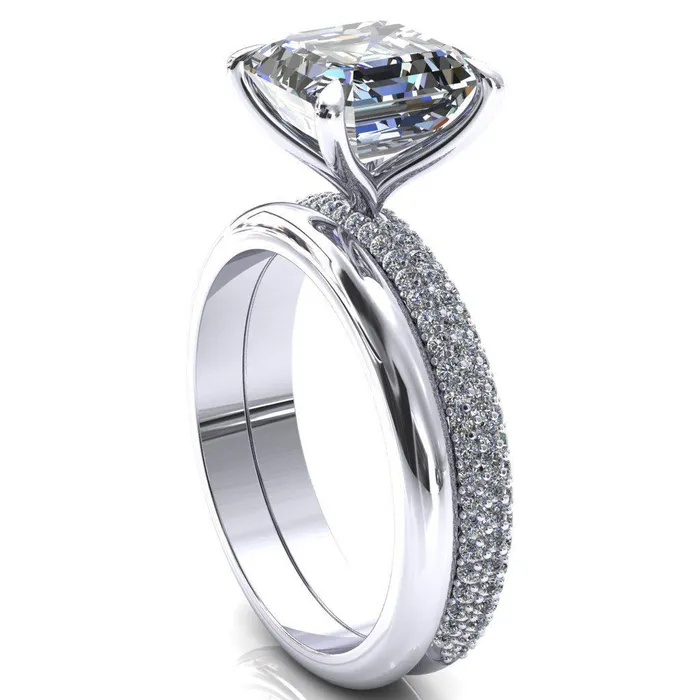 Fire Brilliance Rings Elley Asscher Moissanite 4 Claw Prong Diamond Accent Engagement Ring