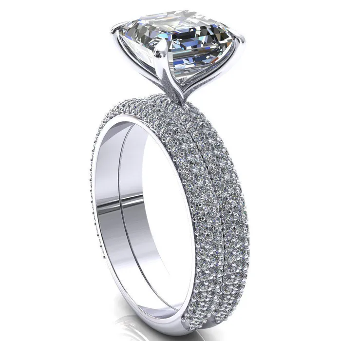 Fire Brilliance Rings Elley Asscher Moissanite 4 Claw Prong Diamond Accent Engagement Ring