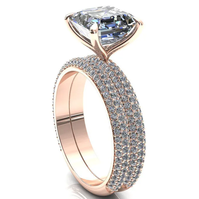 Fire Brilliance Rings Elley Asscher Moissanite 4 Claw Prong Diamond Accent Engagement Ring