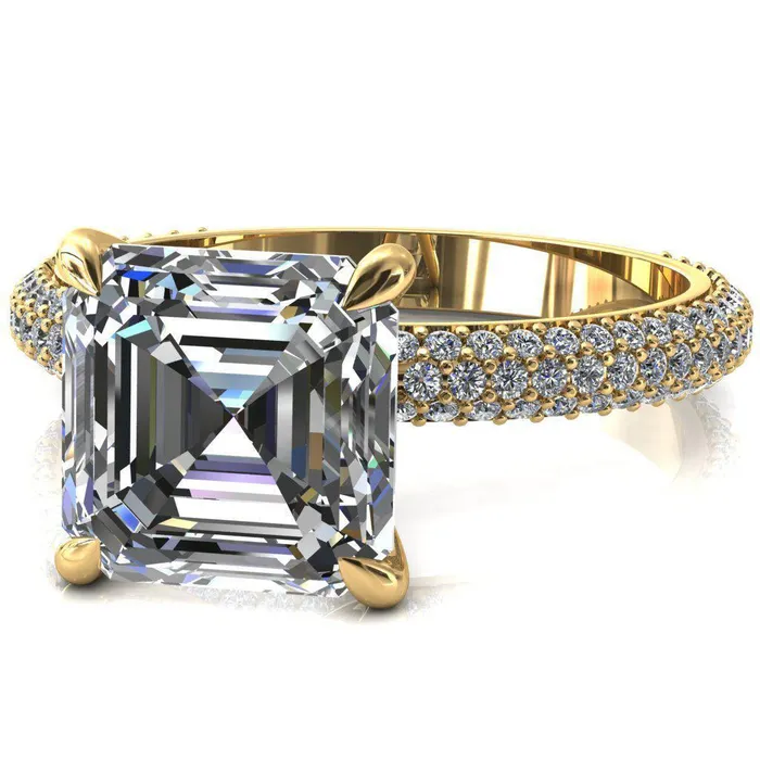 Fire Brilliance Rings Elley Asscher Moissanite 4 Claw Prong Diamond Accent Engagement Ring