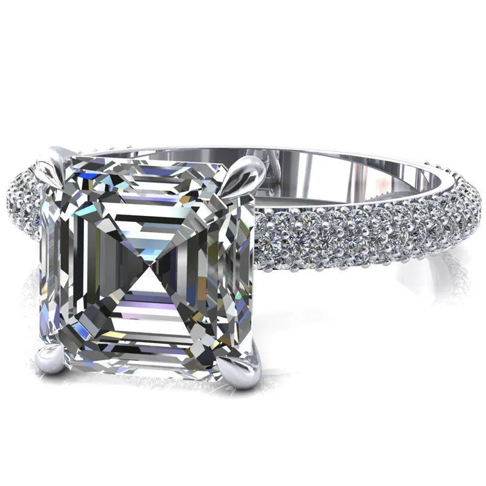 Fire Brilliance Rings Elley Asscher Moissanite 4 Claw Prong Diamond Accent Engagement Ring