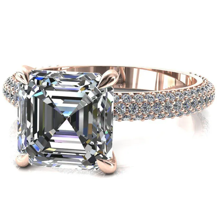 Fire Brilliance Rings Elley Asscher Moissanite 4 Claw Prong Diamond Accent Engagement Ring
