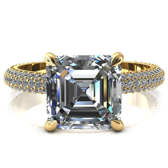 Fire Brilliance Rings Elley Asscher Moissanite 4 Claw Prong Diamond Accent Engagement Ring