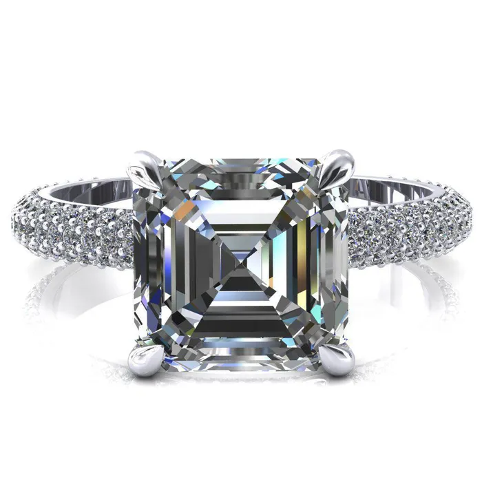 Fire Brilliance Rings Elley Asscher Moissanite 4 Claw Prong Diamond Accent Engagement Ring