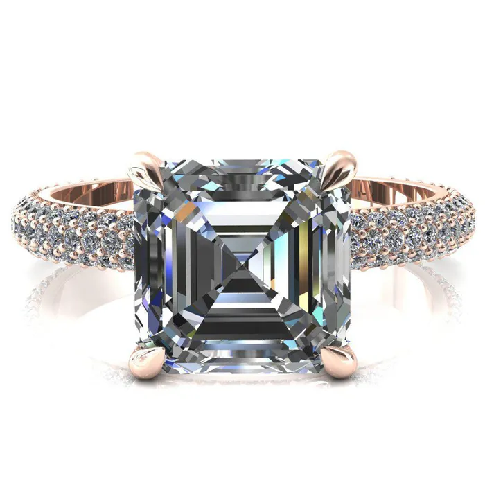 Fire Brilliance Rings Elley Asscher Moissanite 4 Claw Prong Diamond Accent Engagement Ring