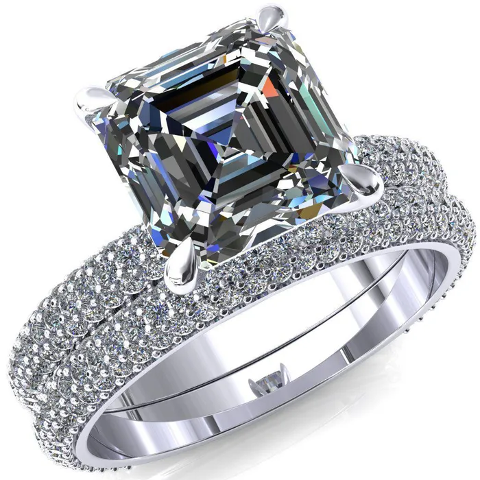 Fire Brilliance Rings Elley Asscher Moissanite 4 Claw Prong Diamond Accent Engagement Ring