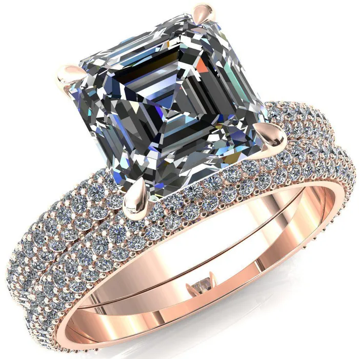 Fire Brilliance Rings Elley Asscher Moissanite 4 Claw Prong Diamond Accent Engagement Ring