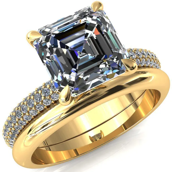 Fire Brilliance Rings Elley Asscher Moissanite 4 Claw Prong Diamond Accent Engagement Ring