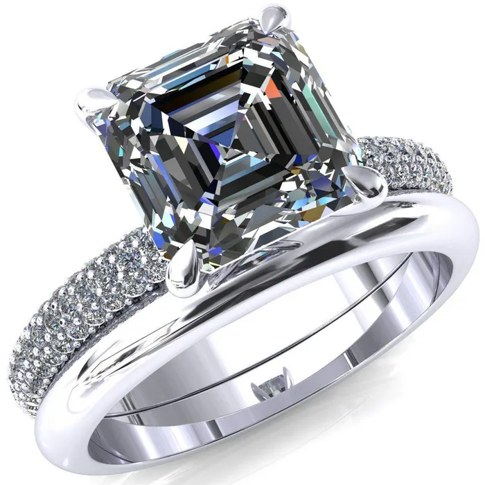 Fire Brilliance Rings Elley Asscher Moissanite 4 Claw Prong Diamond Accent Engagement Ring