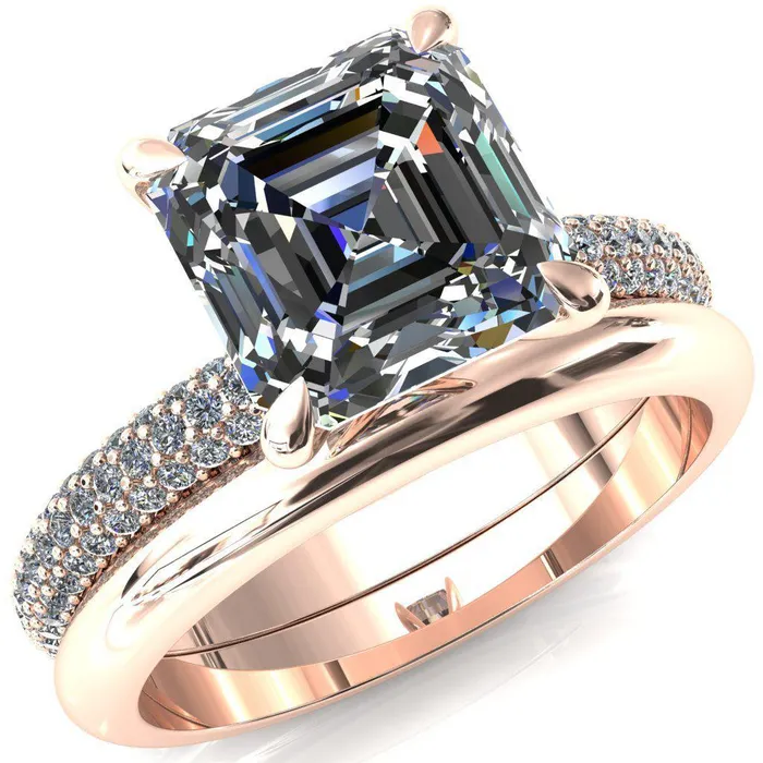 Fire Brilliance Rings Elley Asscher Moissanite 4 Claw Prong Diamond Accent Engagement Ring