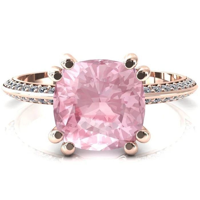 Fire Brilliance Rings Nancy Cushion Pink Sapphire 4 Double Prong 12 Eternity Diamond Knife Shank Accent Engagement Ring