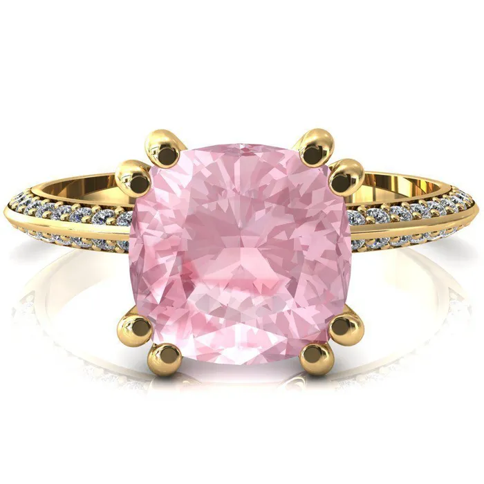 Fire Brilliance Rings Nancy Cushion Pink Sapphire 4 Double Prong 12 Eternity Diamond Knife Shank Accent Engagement Ring