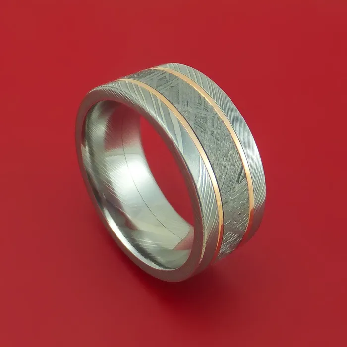 Lashbrook Rings Damascus Steel Ring with Gibeon Meteorite and 14k Rose Gold Inlays Custom Made Band Lashbrook Rings Damascus Steel Ring with Gibeon Meteorite and 14k Rose Gold Inlays Custom Made Band