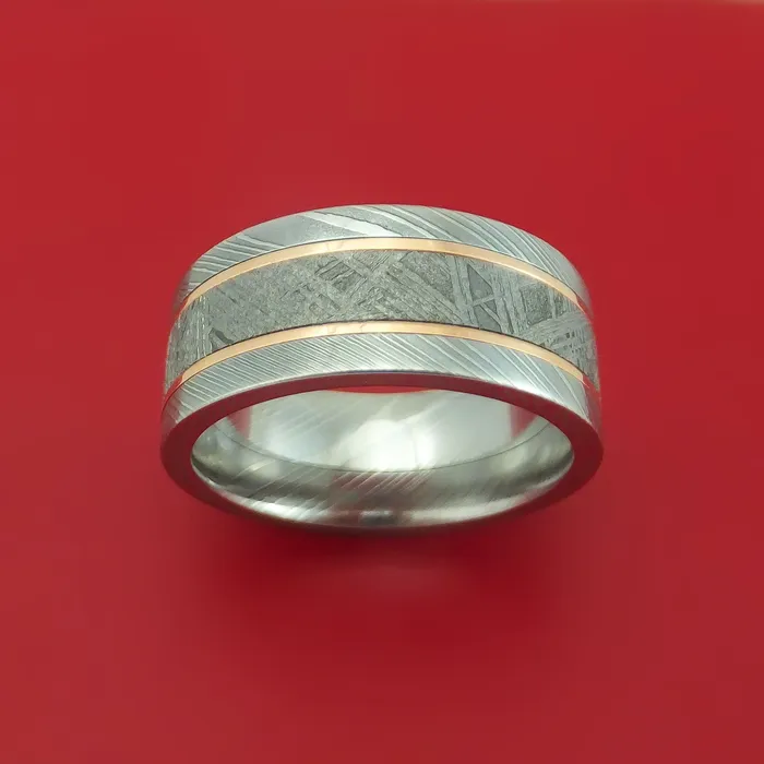 Lashbrook Rings Damascus Steel Ring with Gibeon Meteorite and 14k Rose Gold Inlays Custom Made Band Lashbrook Rings Damascus Steel Ring with Gibeon Meteorite and 14k Rose Gold Inlays Custom Made Band