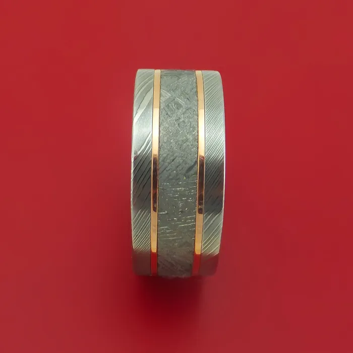 Lashbrook Rings Damascus Steel Ring with Gibeon Meteorite and 14k Rose Gold Inlays Custom Made Band Lashbrook Rings Damascus Steel Ring with Gibeon Meteorite and 14k Rose Gold Inlays Custom Made Band