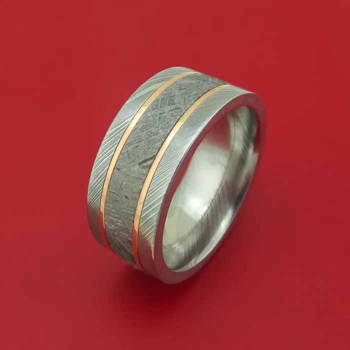 Lashbrook Rings Damascus Steel Ring with Gibeon Meteorite and 14k Rose Gold Inlays Custom Made Band Lashbrook Rings Damascus Steel Ring with Gibeon Meteorite and 14k Rose Gold Inlays Custom Made Band