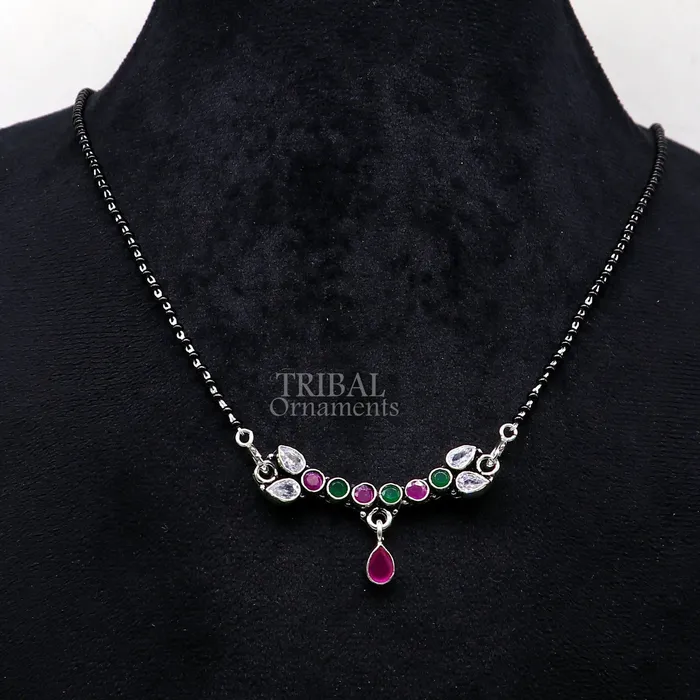 Necklaces TRIBAL ORNAMENTS Green and red cut stone elegant pendant 925 sterling silver black beads chain necklace traditional style brides Mangalsutra necklace ms14 Necklaces TRIBAL ORNAMENTS Green and red cut stone elegant pendant 925 sterling silver black beads chain necklace traditional style brides Mangalsutra necklace ms14