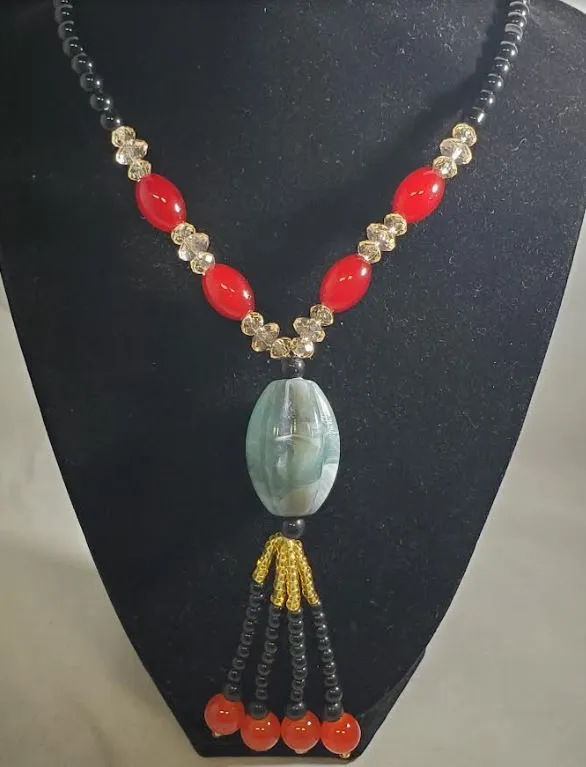 polly AZ18 Black Bead Gray Marble Design Glass Long Necklace With Free Earrings Necklaces polly AZ18 Black Bead Gray Marble Design Glass Long Necklace With Free Earrings Necklaces