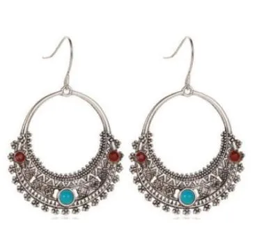 polly Earrings E889 Silver Turquoise Stone Decorated Earrings