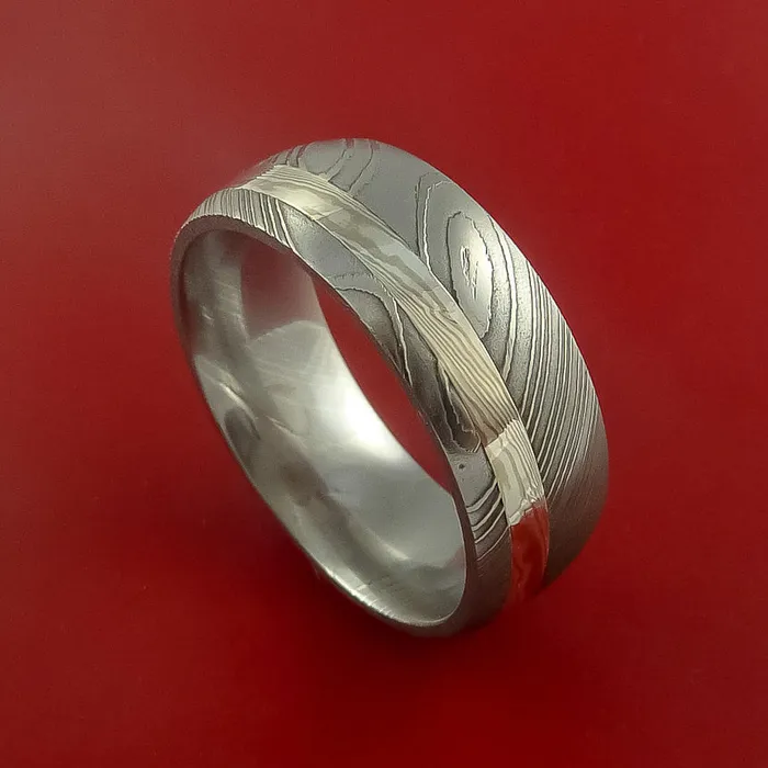 Rings Damascus Steel Ring with Palladium and Sterling Silver Mokume Gane Inlay Custom Made Band Lashbrook Rings Damascus Steel Ring with Palladium and Sterling Silver Mokume Gane Inlay Custom Made Band Lashbrook
