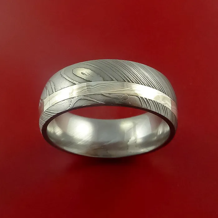 Rings Damascus Steel Ring with Palladium and Sterling Silver Mokume Gane Inlay Custom Made Band Lashbrook Rings Damascus Steel Ring with Palladium and Sterling Silver Mokume Gane Inlay Custom Made Band Lashbrook