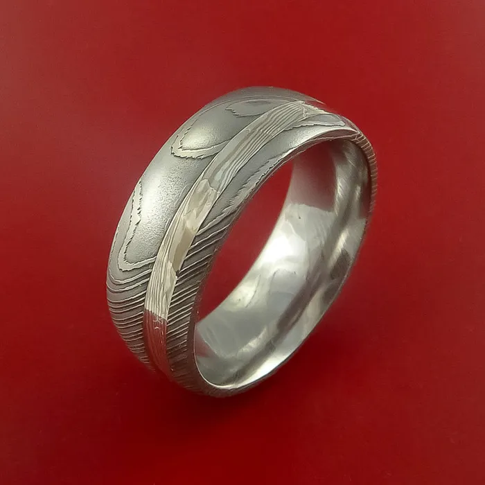 Rings Damascus Steel Ring with Palladium and Sterling Silver Mokume Gane Inlay Custom Made Band Lashbrook Rings Damascus Steel Ring with Palladium and Sterling Silver Mokume Gane Inlay Custom Made Band Lashbrook