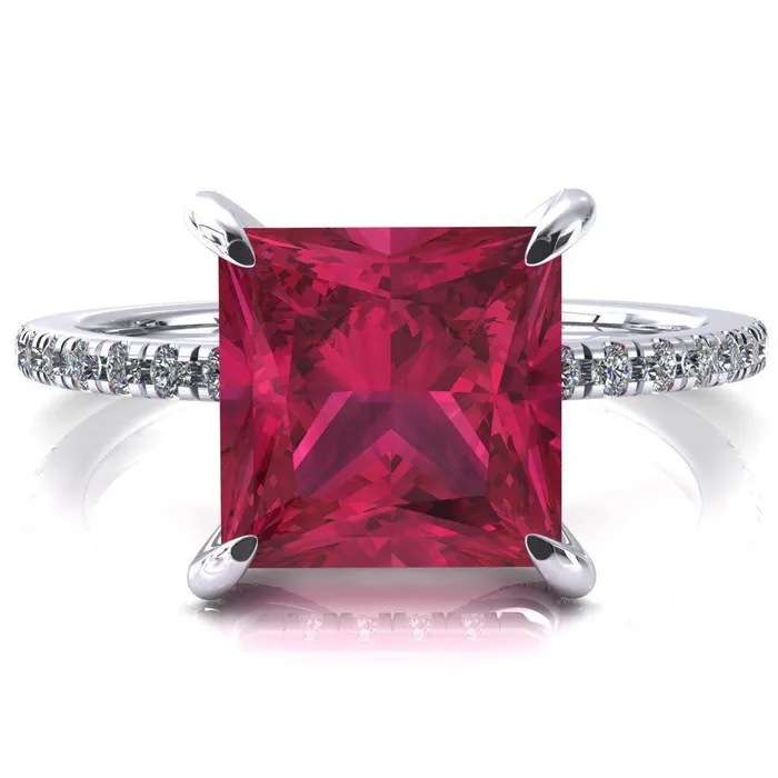 Rings Fire Brilliance Ezili Princess Ruby 4 Claw Prong Micro Pave Diamond Sides Engagement Ring