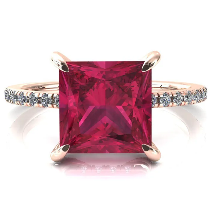 Rings Fire Brilliance Ezili Princess Ruby 4 Claw Prong Micro Pave Diamond Sides Engagement Ring