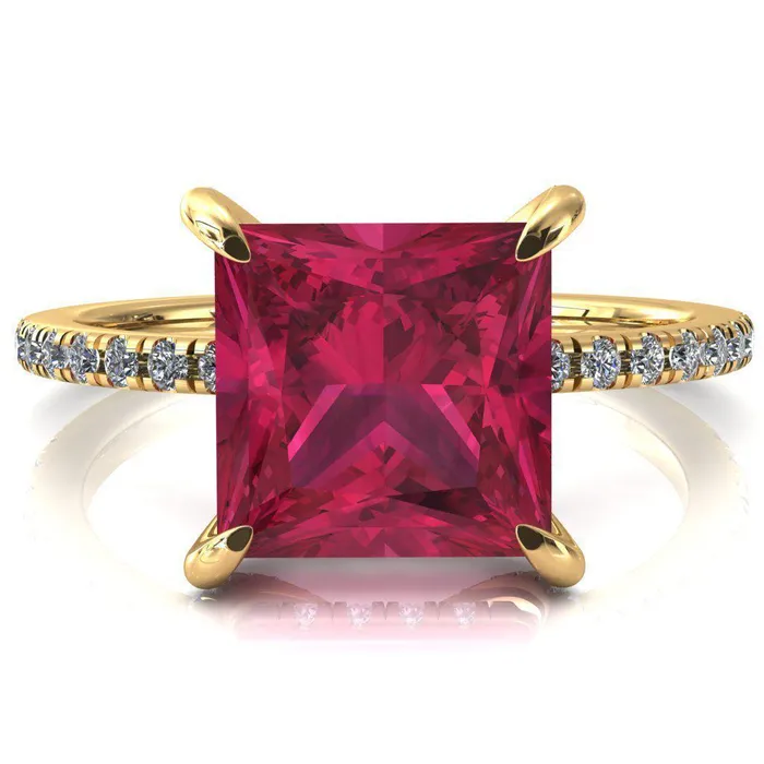 Rings Fire Brilliance Ezili Princess Ruby 4 Claw Prong Micro Pave Diamond Sides Engagement Ring