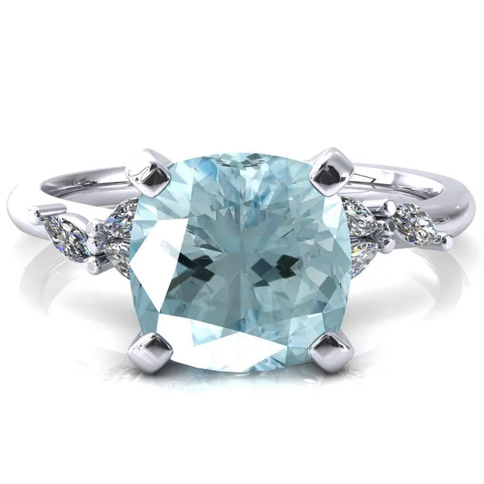 Rings Fire Brilliance Sigrid Cushion Aqua Blue Spinel 4 Prong Marquise Diamond Side Ring Rings Fire Brilliance Sigrid Cushion Aqua Blue Spinel 4 Prong Marquise Diamond Side Ring
